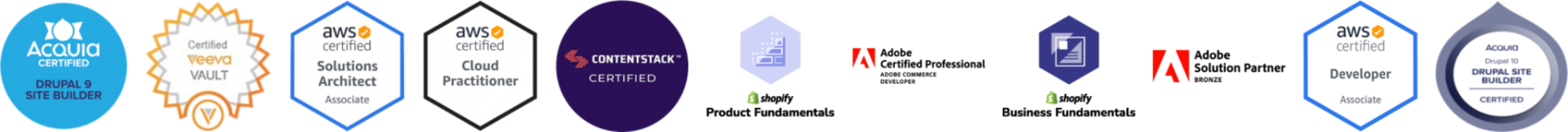 Certifications including AWS Solutions Architect, AWS Cloud Practitioner, Contentstack Certified, Adobe Professional, Shopify Partner, Acquia Drupal
