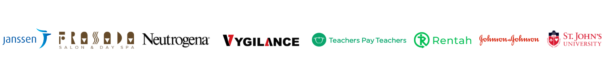 Client logos including Janssen, Frassada, Neutrogena, Vygilance, Teachers Pay Teachers, Rentah, Johnson & Johnson, St. John's University