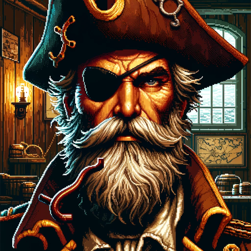 DALL·E 2023-11-16 13.33.08 – Close-up portrait in pixel art style of a grizzled captain, inspired by ‘The Secret of Monkey Island’ game, set in a tavern in Amsterdam. The captain