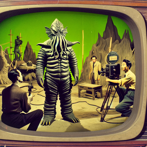 DALL·E 2023-11-21 14.28.21 – A scene from a 1950s technicolor B-movie set, showing an actor in a rubber Cthulhu suit being filmed. The actor, a middle-aged Asian man, is in the co