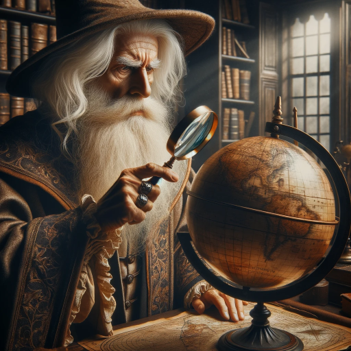 DALL·E 2023-12-02 17.12.00 – An old wizard with white hair and beard looking into a map or globe with a magnifying glass. The wizard, in traditional robes and a pointed hat, exude