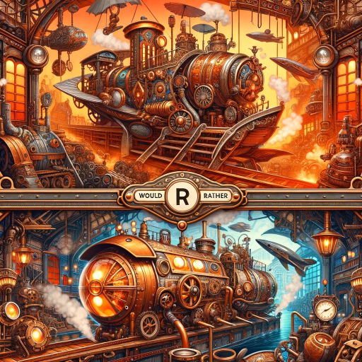 DALL·E 2023-12-17 19.06.41 – A steampunk-themed ‘Would You Rather’ concept art, featuring a vibrant color palette. The scene includes intricate steampunk machinery and gadgets, wi