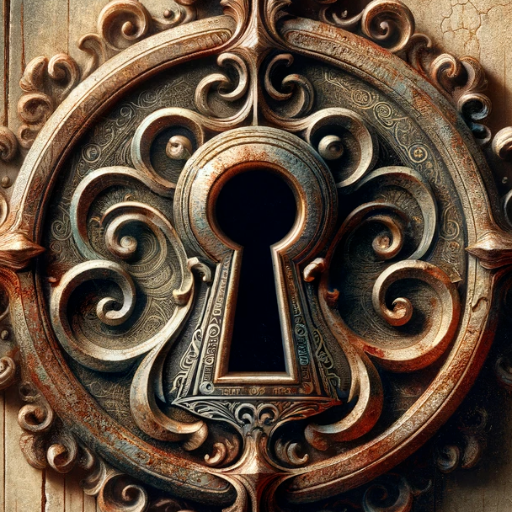 DALL·E 2024-01-07 14.52.56 – An aged and realistic ornate keyhole, with more pronounced wear and tear, like rust and chipped edges. The swirling patterns and enigmatic symbols aro