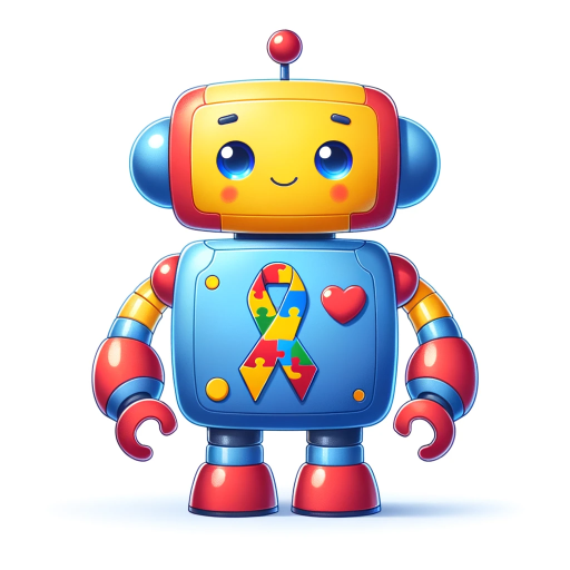 DALL·E 2023-11-09 17.41.35 – A cartoon robot designed as a symbol of support for autism awareness. The robot has a friendly demeanor, with a puzzle piece ribbon emblem on its ches