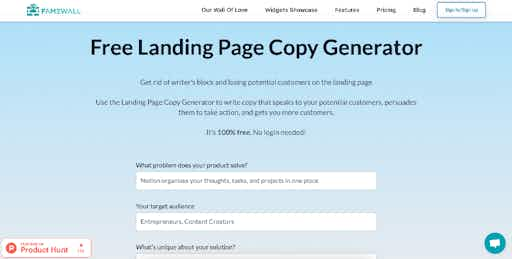 Famewall: Free Landing Page Copy Generator