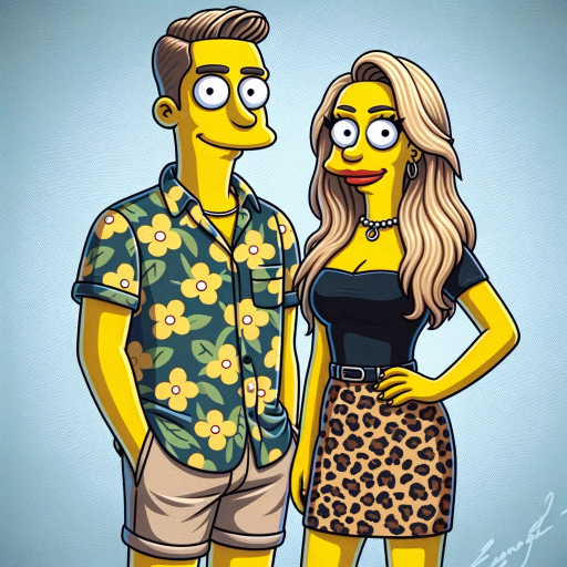 DALL·E 2023-11-10 11.29.29 – A man and a woman standing together, styled as characters from The Simpsons cartoon. The man has short hair, wearing a floral shirt and khaki shorts,