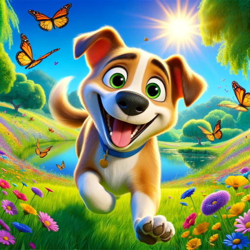 DALL·E 2023-11-10 18.31.42 – A Pixar-style scene featuring a smiling dog in a vibrant, colorful setting. The dog, with a joyful expression, is playfully chasing butterflies in a l