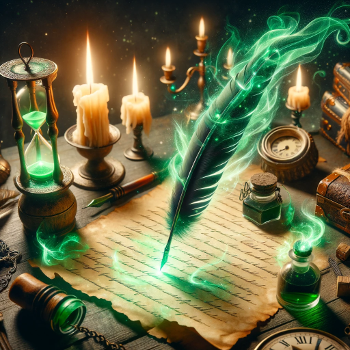 DALL·E 2023-11-14 15.01.47 – A magical quill pen with glowing green energy swirling around it as it writes on an old parchment in a dimly lit room. Include elements like a lit can