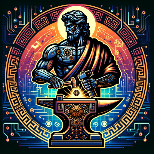 DALL·E 2023-11-15 16.59.51 – A custom logo featuring Hephaestus in traditional Greek attire, reimagined as a cybernetic figure, half-machine, and half-human. This depiction of Hep