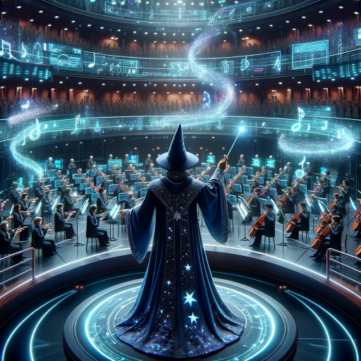 DALL·E 2023-11-15 21.57.25 – An image of a wizard in a dark blue robe with silver star patterns, standing on a podium, conducting a futuristic orchestra with holographic instrumen