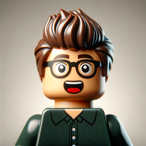 DALL·E 2023-11-19 13.08.18 – A LEGO minifigure with an adult male appearance, with stylish hair and wearing glasses. The minifigure has a surprised expression with wide eyes and a