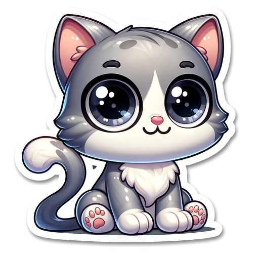 DALL·E 2023-11-09 21.10.28 – A digital sticker design featuring a cute, cartoon-style cat with oversized eyes and a large head in proportion to its body. The cat is sitting, with