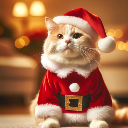 DALL·E 2023-11-11 22.41.15 – A white and ginger cat with a proud expression, wearing a festive Santa hat and a Santa Claus outfit with a fluffy white trim and a black belt with a