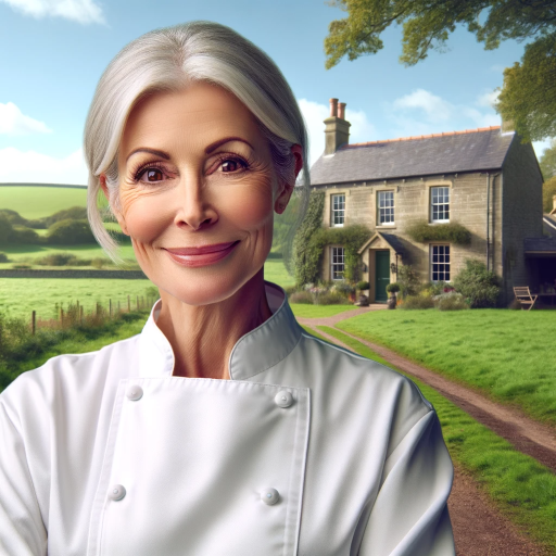 DALL·E 2023-11-12 12.57.24 – A realistic image of a 50-year-old female chef standing outside a charming country house. She should be wearing a professional chef’s uniform, with a (1)