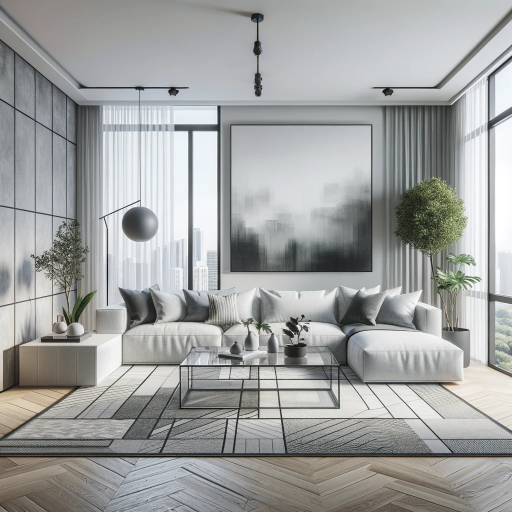 DALL·E 2023-11-16 11.20.01 – The image should depict a modern minimalist living room transformation based on the existing room layout. Features include a light grey low-profile se