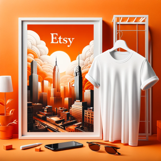 DALL·E 2023-11-24 04.59.04 – Combination of a White T-Shirt Mockup and Art Frame Mockup on a vibrant orange urban background, inspired by Etsy’s color scheme. The scene includes a