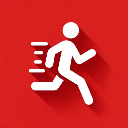 DALL·E 2024-02-26 23.08.08 – a very simple icon of a regular jogging person with visible motion lines, white on a bright red background