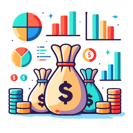 DALL·E 2024-06-02 13.09.06 – A vector style image featuring several money bags and various charts, including bar charts and pie charts. The image should be in a simple, flat desig