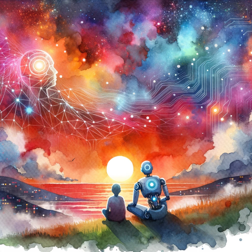 DALL·E 2023-10-15 19.42.29 – Watercolor painting of a human and a robot sitting on a hill, gazing at a sunset. The colors of the sunset merge with the digital patterns emitting fr