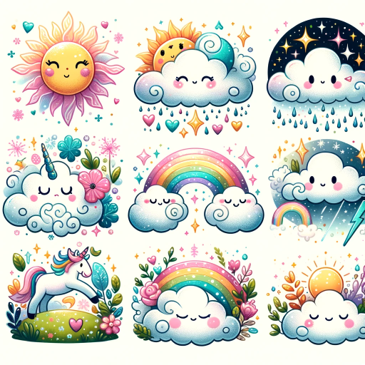 DALL·E 2023-11-20 23.35.49 – A collection of nine whimsical weather phenomena cliparts, designed in a magical art style to match the aesthetic of a unicorn-themed image. Each clip