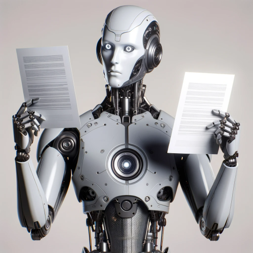 DALL·E 2023-12-30 12.42.17 – A futuristic robot with a humanoid appearance, standing and holding a piece of paper in each hand. The robot’s design is sleek and metallic, with a he