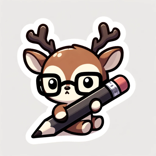 DALL·E 2023-11-04 00.39.52 – Digital sticker design of a chibi reindeer in a simplistic style, gripping a graphite pencil with a pink eraser. The reindeer’s glasses give it a stud