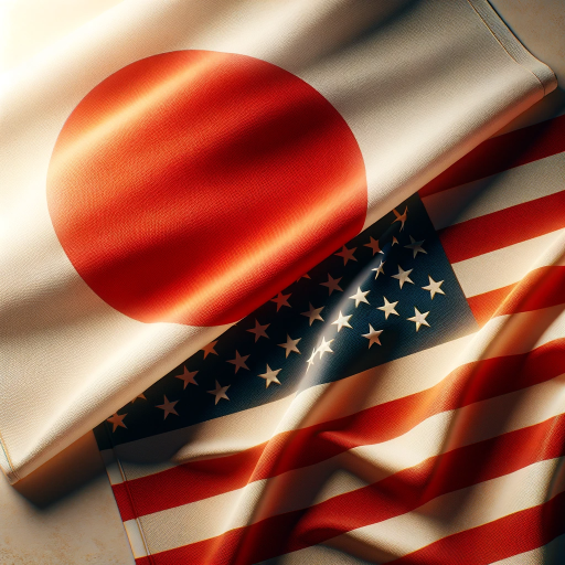 DALL·E 2023-11-25 01.43.36 – An image featuring the Japanese flag on the left and the United States flag on the right. The flags are depicted in their correct proportions and colo