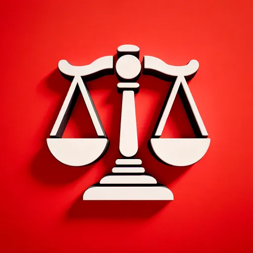 DALL·E 2024-03-14 16.34.32 – Create an image with a large, simple white icon representing law, such as a prominent balanced scale, gavel, or column, centered on a vibrant red back