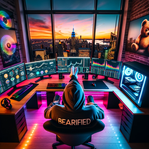 DALL·E 2023-10-21 19.53.45 – Photo of a tech enthusiast’s room in a high-rise apartment overlooking the NYC skyline during a mesmerizing sunset. A man sits relaxed, feet on the de