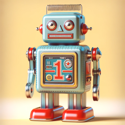 DALL·E 2023-11-09 11.26.50 – Visualize a retro-style robot reminiscent of the 1950s classic tin toy robots. It has a boxy, metallic body with a prominent number ‘1’ emblazoned on