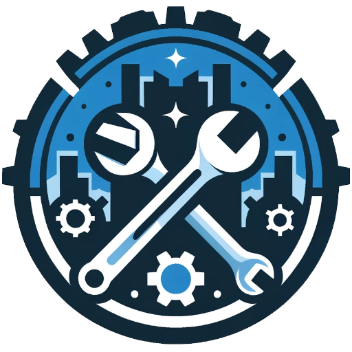 DALL·E 2023-11-10 13.20.26 – A professional logo for a repair shop named ‘Gica SRL’, incorporating gear and wrench elements, predominantly blue in color, modern and clean design trans copy
