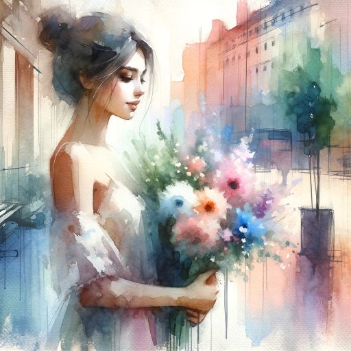 DALL·E 2023-11-11 14.56.42 – Create an impressionist style watercolor painting of a woman standing in an urban setting holding a bouquet of flowers. The painting should have paste