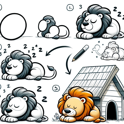 DALL·E 2023-11-18 16.42.59 – A step-by-step visual guide for children to draw a sleeping lion next to a doghouse. The first step shows a large circle for the lion’s body and a sma