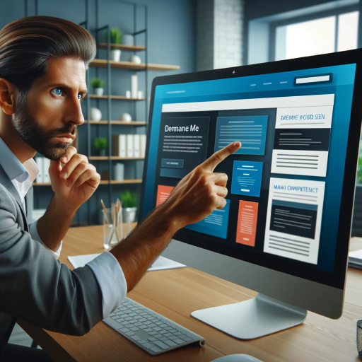 DALL·E 2023-12-02 23.48.44 – A professional expert, a Caucasian male, intently examining a website landing page on a large computer monitor. The expert is facing the screen and po