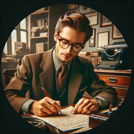 DALL·E 2023-12-06 20.16.18 – A 1950s distinguished, well-dressed male writer with glasses and brown hair. He is sitting at a vintage desk in a home office, writing on a piece of p