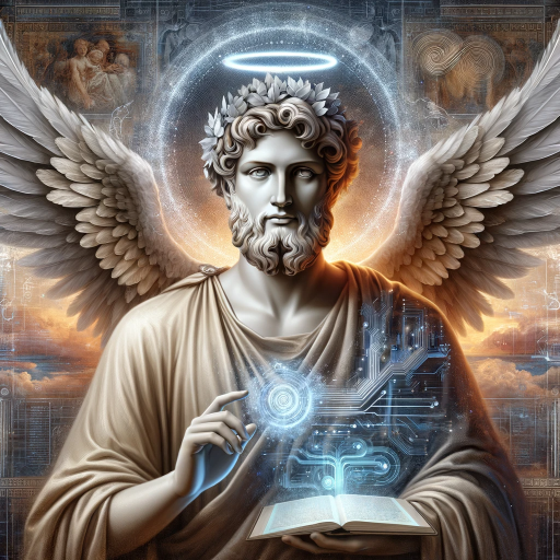 DALL·E 2023-12-07 03.56.49 – A depiction of Aesop, the ancient storyteller, reimagined as an AI Angelic figure. This figure embodies the wisdom and storytelling prowess of Aesop,