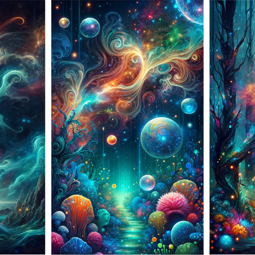 DALL·E 2023-12-23 13.32.33 – A series of three different backdrops_ 1. A cosmic galaxy with swirling nebulas and bright stars, 2. An underwater dreamscape with colorful coral and