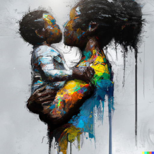 DALL·E 2022-12-30 18.34.58 – abstract oil painting of an african mom and son, all colors of rainbow used, paint dripping, light grey background – new hr_high