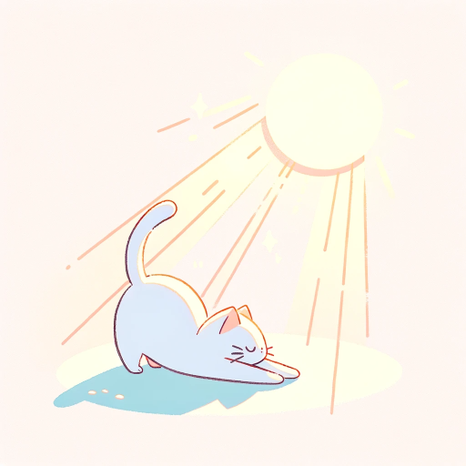 DALL·E 2023-11-10 13.31.31 – A cartoon illustration of a cat stretching in a sunlit spot. The scene is surrounded by soft pastel hues creating a calm and healing atmosphere. The s