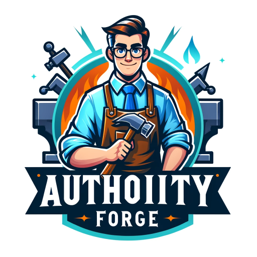 DALL·E 2023-11-13 19.18.13 – A mascot logo design for ‘Authority Forge’, a content generation agency. The mascot should be a friendly, intelligent-looking blacksmith character, em