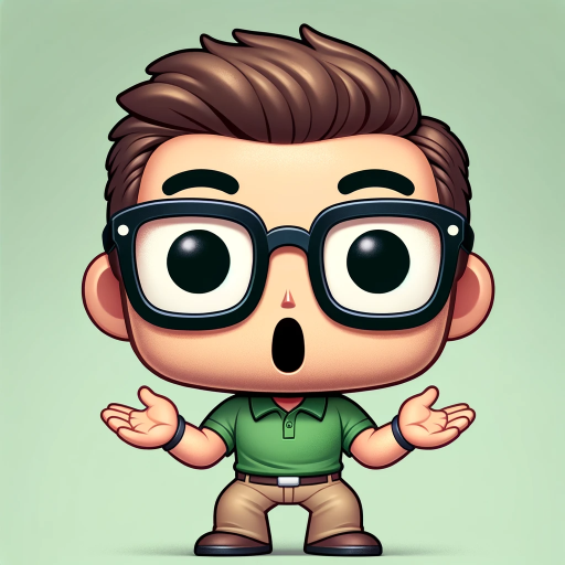 DALL·E 2023-11-19 02.30.02 – An illustration of a man with glasses, a surprised facial expression, and his hands raised in a playful, surprised gesture. He is wearing a green polo