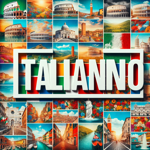 DALL·E 2024-01-05 18.37.24 – An image with the text ‘ITALIANO’ in large, bold, white letters centered in the frame. The background consists of a montage of iconic Italian scenes a