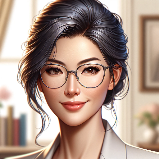 DALL·E 2024-01-25 16.59.37 – A digital illustration of a headshot of a beautiful, confident, middle-aged Asian female professor with very fair skin. She should be smiling warmly,