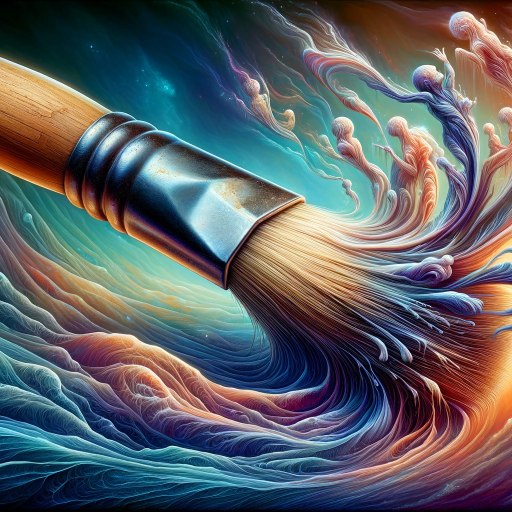 DALL·E 2024-01-26 01.58.38 – A surreal depiction of a paintbrush in extreme close-up. The paintbrush appears to be morphing, with its bristles transforming into a flowing river. T