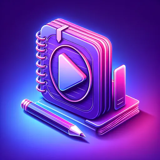 DALL·E 2024-06-05 06.02.45 – A stylized digital illustration of a notebook and pen next to a video play button icon. The design features vibrant purple and pink hues, with a moder