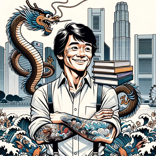 DALL·E 2023-10-31 17.08.43 – Illustration blending Mad magazine comic art, minimalistic design principles, Hong Kong Manhua, and irezumi tattoo traditions. A cheerful Chinese male