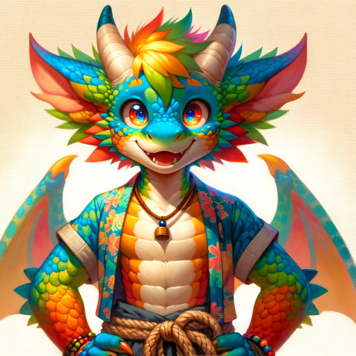 DALL·E 2023-11-12 13.13.29 – Wide oil painting illustration of a youthful and spirited anthropomorphic dragon character in kemono style, viewed from the front. The character has v