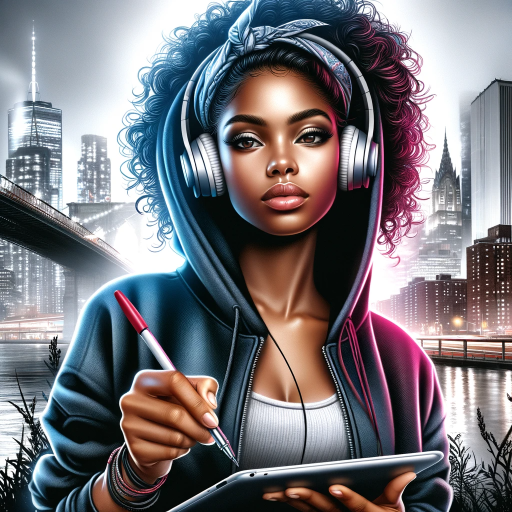 DALL·E 2024-01-05 08.26.55 – Create a realistic airbrushed illustration of a young African American woman wearing a trendy hip-hop outfit and headphones, with a dynamic cityscape