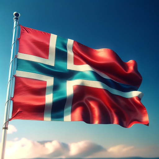 DALL·E 2024-01-18 05.24.16 – A Norwegian flag with a red background, a blue cross outlined in white, placed off-center towards the hoist side. The flag is fluttering in the wind a(1)