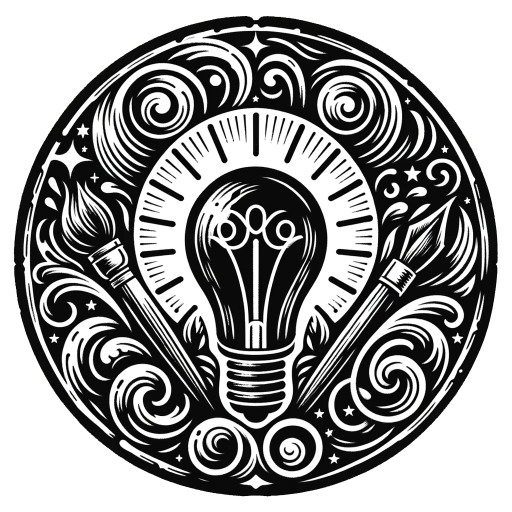 DALL·E-2023-11-11-17.30.07—A-monochrome-woodcut-style-insignia-representing-creativity.-The-design-includes-a-central-motif-of-a-light-bulb,-symbolizing-ideas-and-innovation,-in